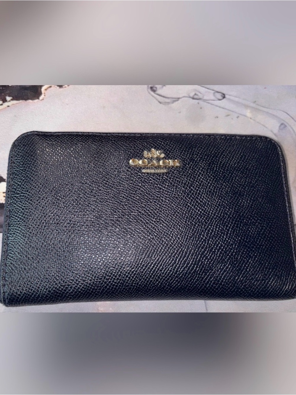 Coach Black Leather Zip Around Wallet with Gold Logo, navy blue leather insid